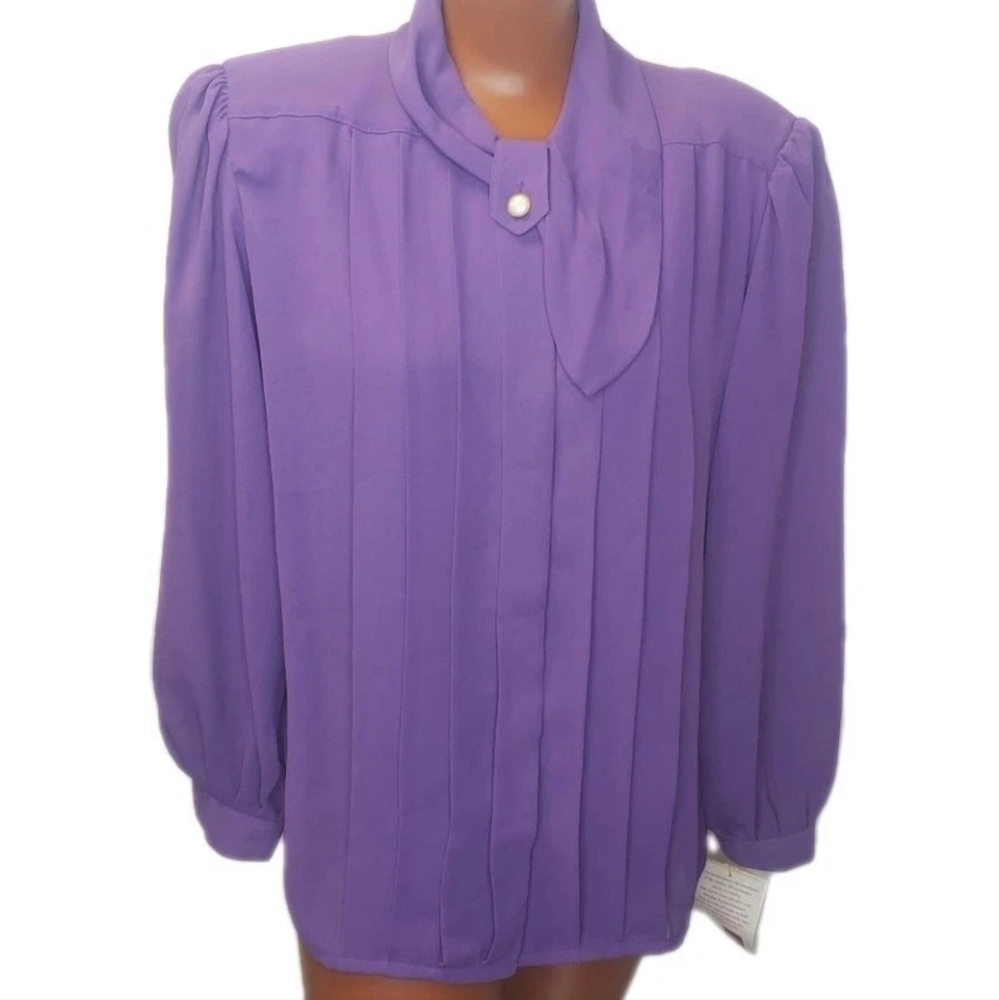 Sheridan Square Chiffon Blouse Woman Sz 12 Plum Purple Pleated Secretary Bow NOS